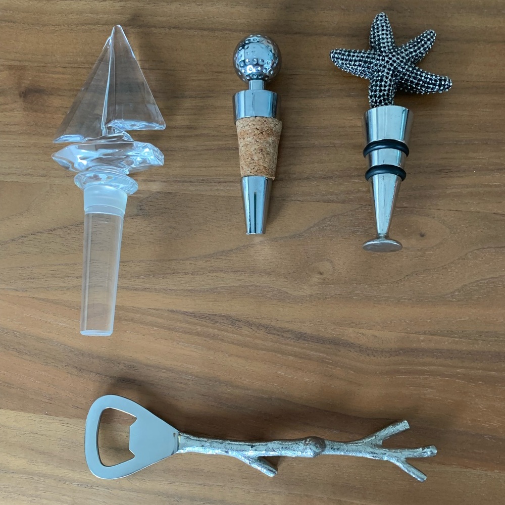 Set of Bar Accessories. Silver and Glass Wine Stoppers plus Modern Twig Opener.